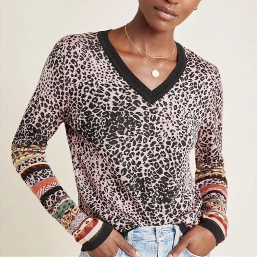 Aldomartins Anthro Leopard Animal Print V-Neck Pullover Sweater Wool Blend